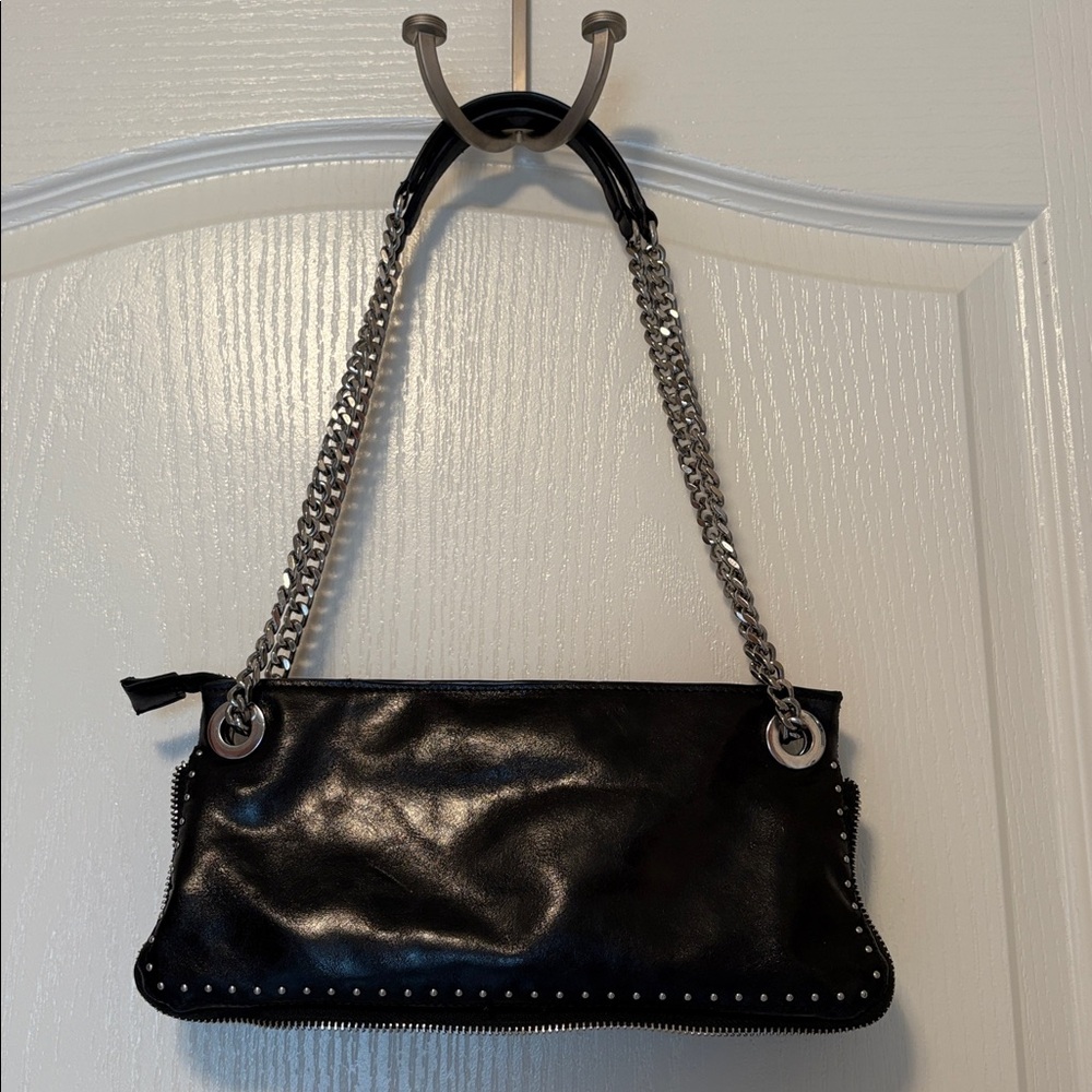Zara Studded Elongated Black Leather Bag with Silver Accents